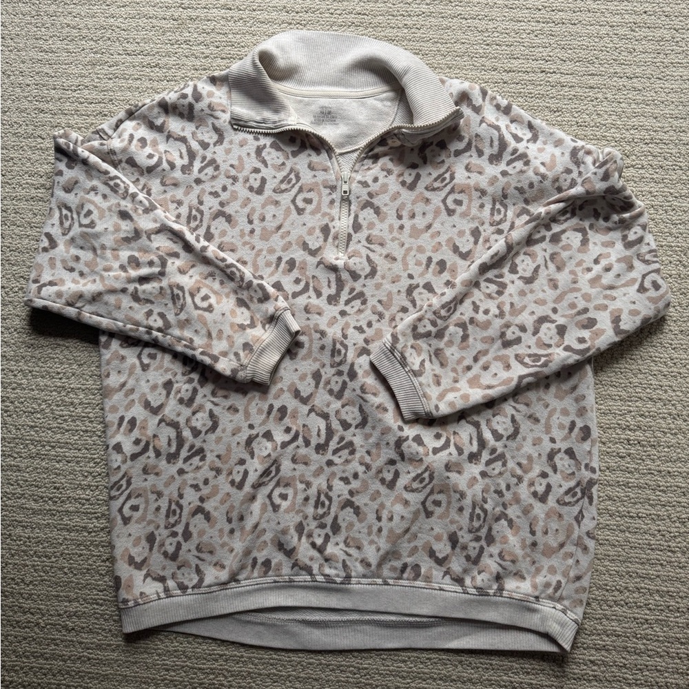 Aerie Beige Leopard Print 1/4 zip Pullover